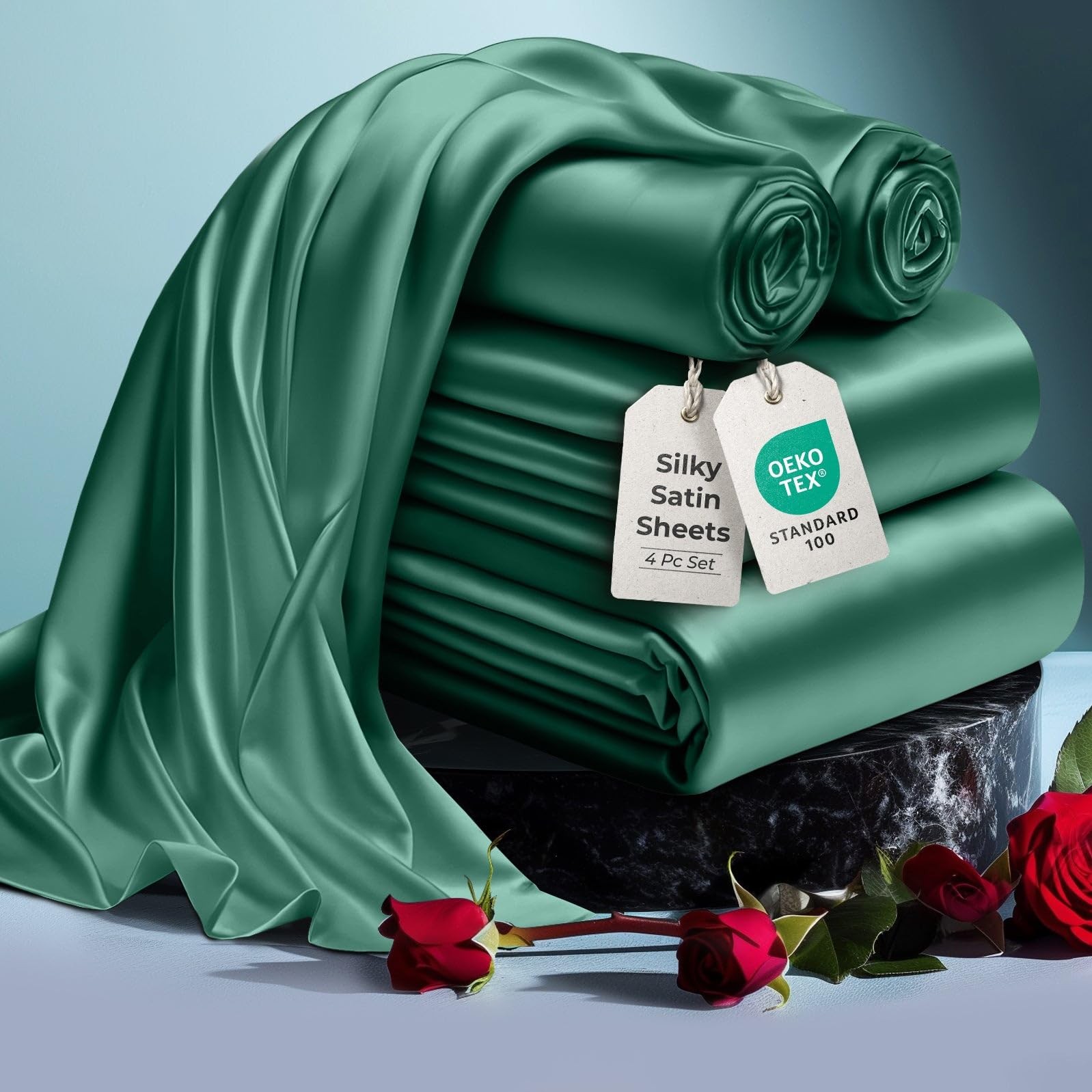 DECOLURE Satin Bed Sheets - 4 Piece Luxury Silky Twin Size Bedding Set - Softer