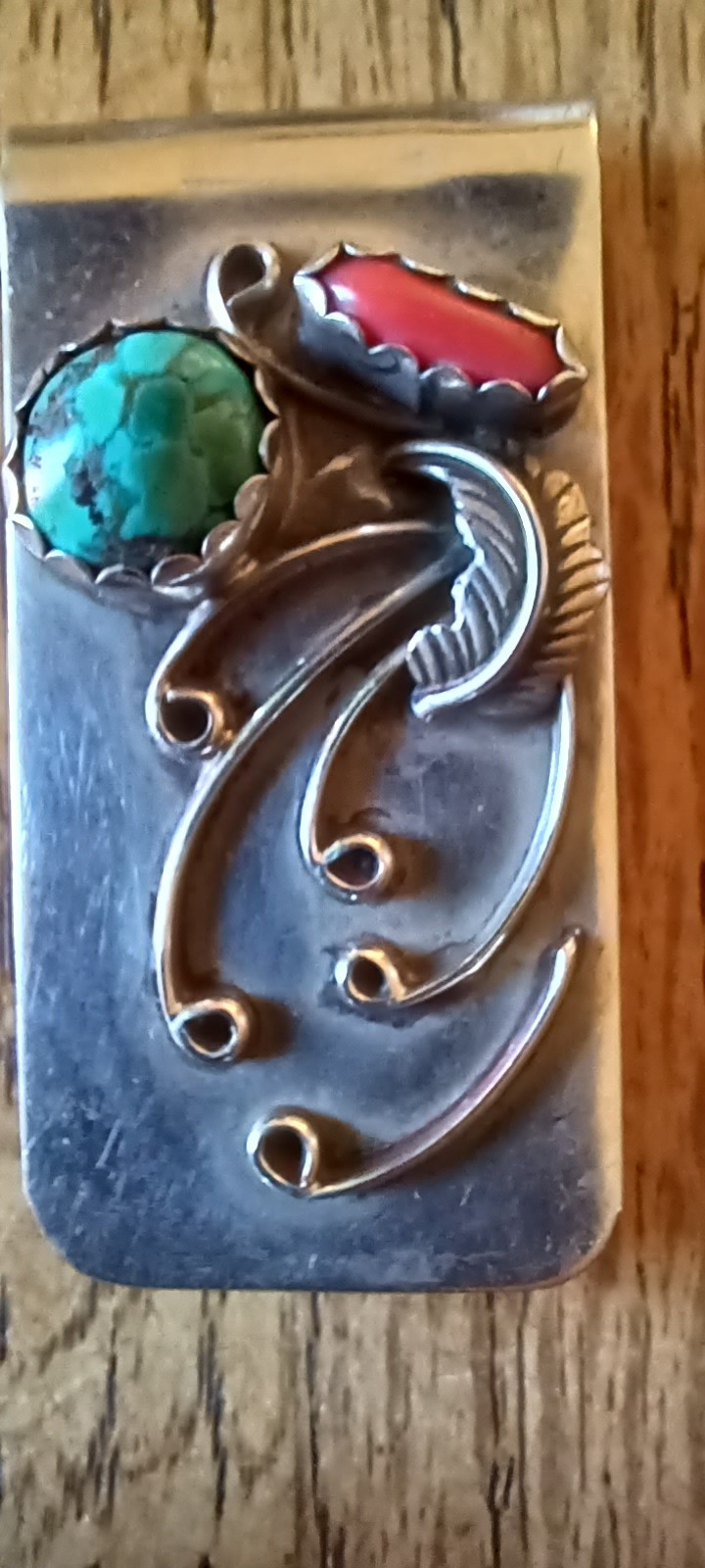 VINTAGE NATIVE AMERICAN TURQUOISE AND CORAL MONEY CLIP