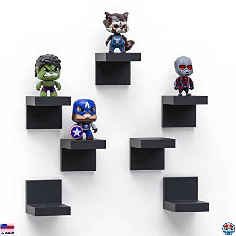 RicherHouse 7-Pack Mini Black Floating Shelves - 4-Inch Display Ledges, Dual