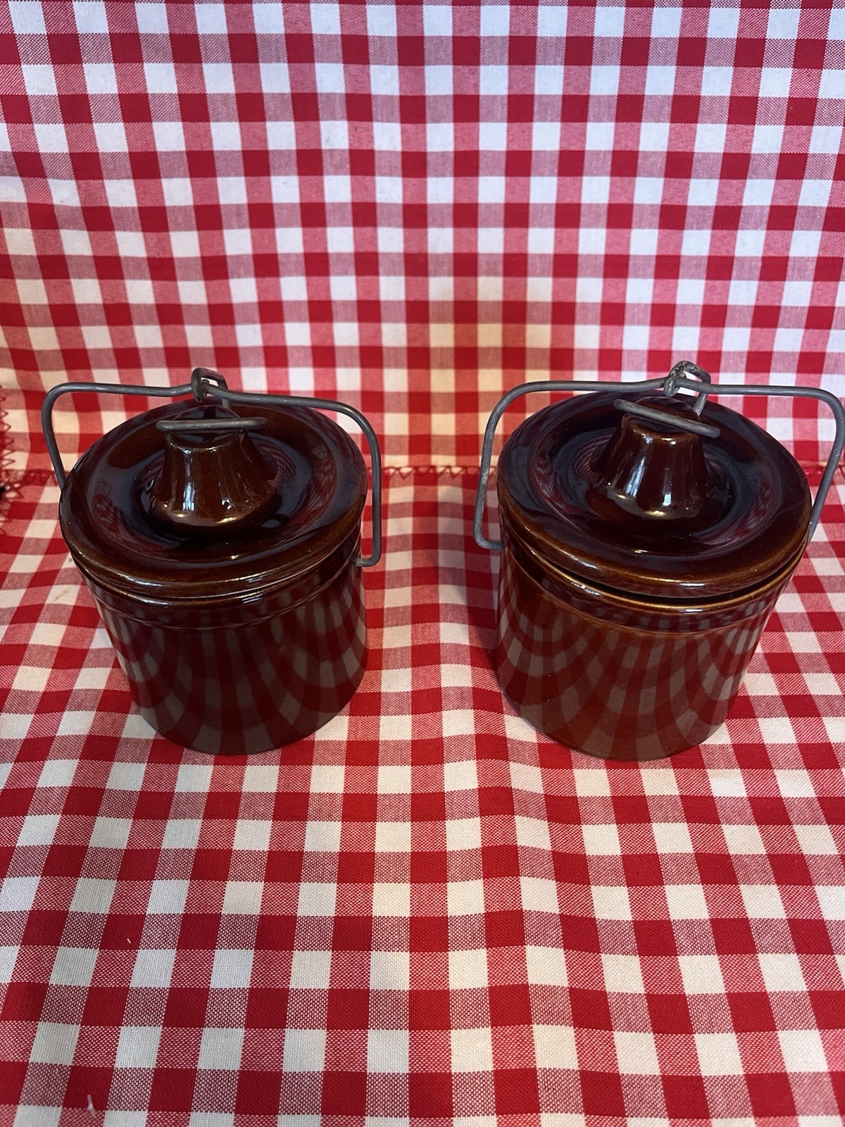 Set of 2 Brown Stoneware Crocks Wire Bail Lid Glazed Pottery Farmhouse Decor