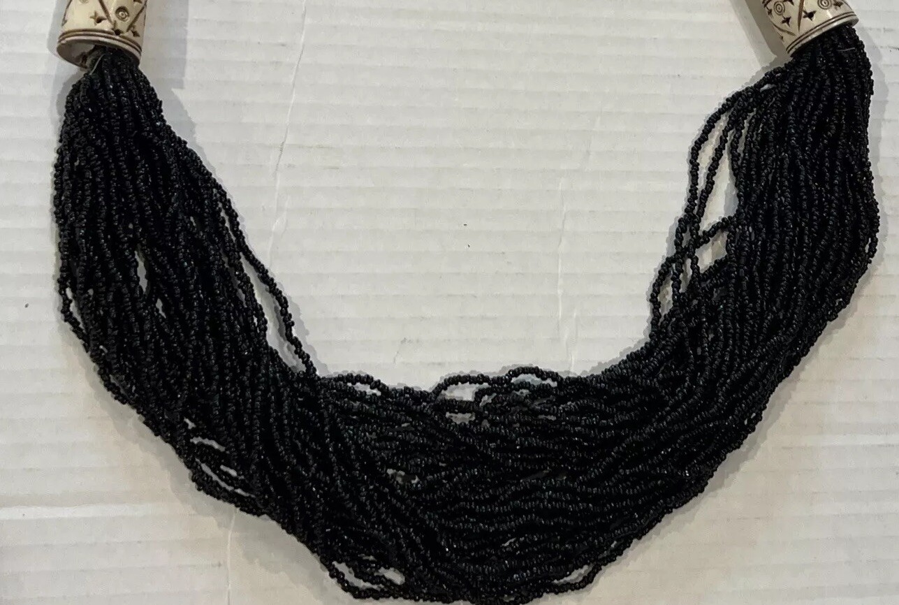 Vintage Black Glass Seed Beads Multi Strand Necklace