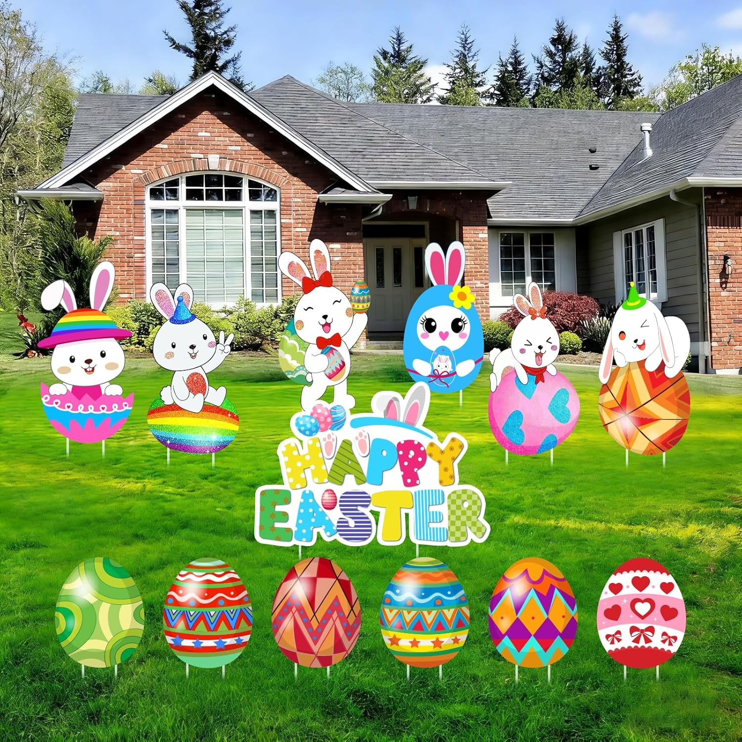 13PCS Easter Yard Signs with Stakes - Colorful Eggs & Bunny Outdoor Decor, Water