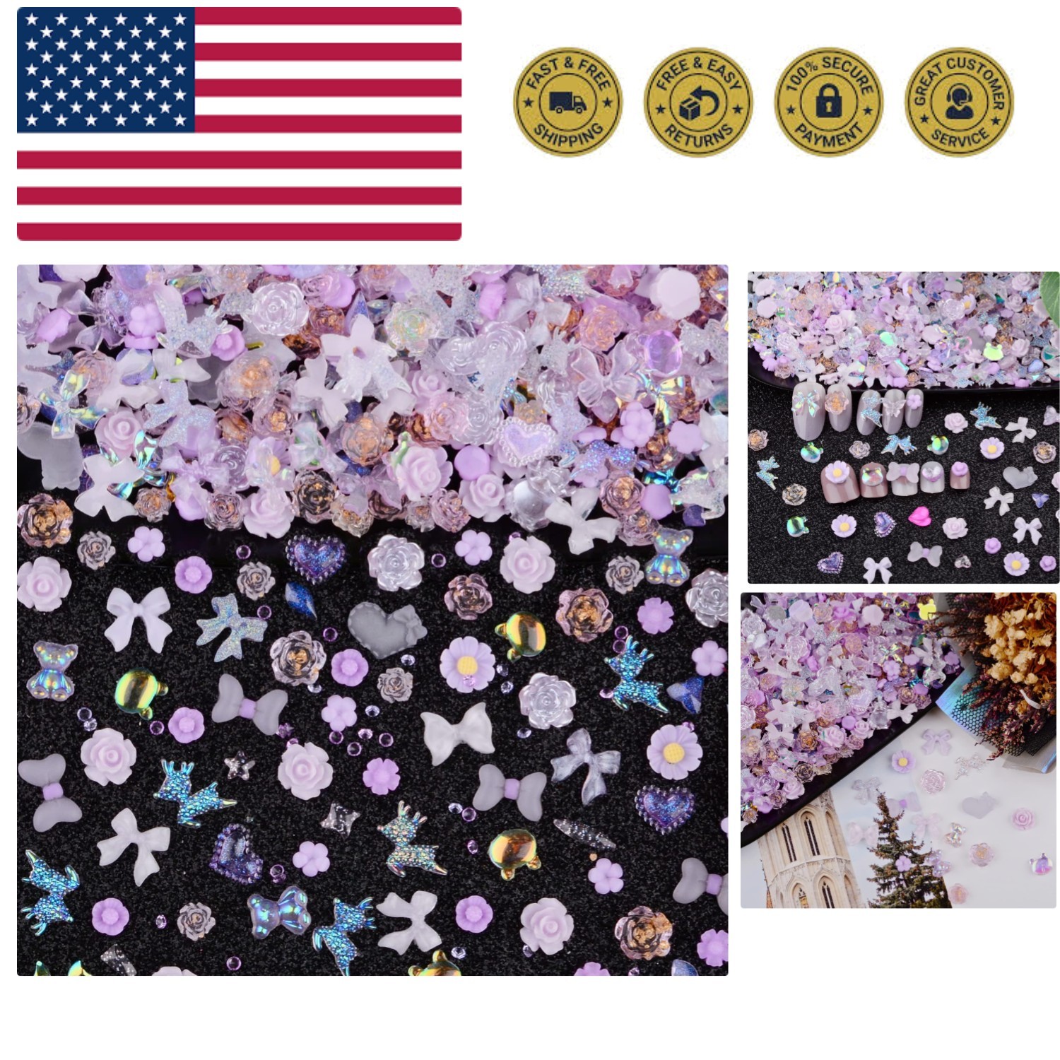 300pcs Nail Art Charms Kit,Over 100pcs Mixshape Resin Gems and 100 pcs Mixed ...