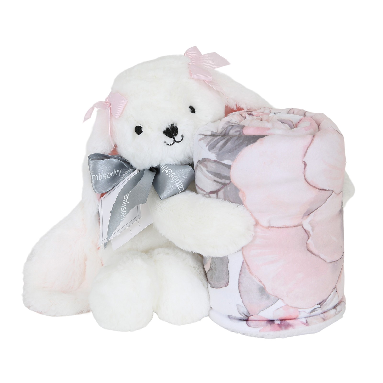 Lambs & Ivy Floral Blanket & White Plush Bunny Stuffed Animal Toy Baby Gift Set