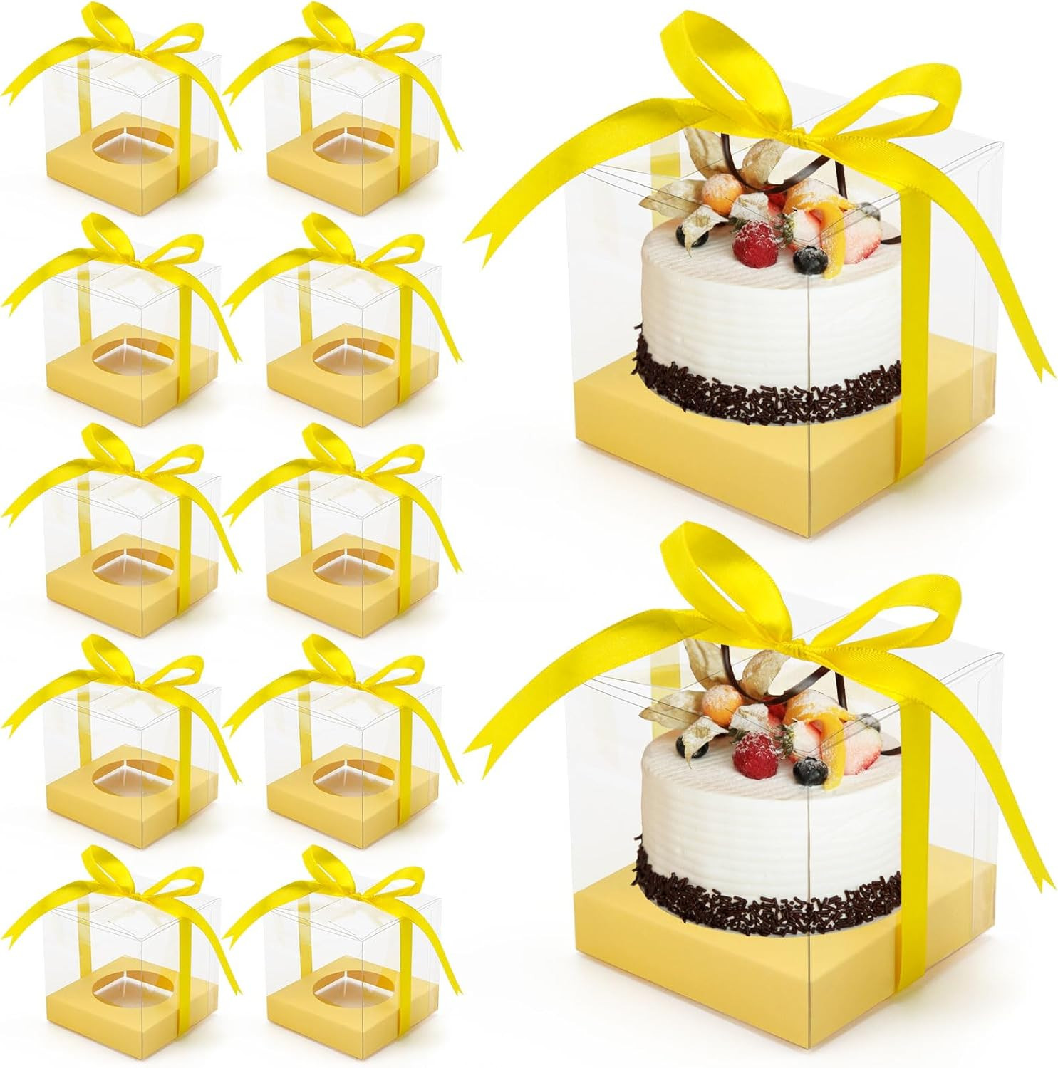 12 Pack Clear Plastic Cupcake Boxes, 3.5 Inch Gold Single Cupcake Containers Dis
