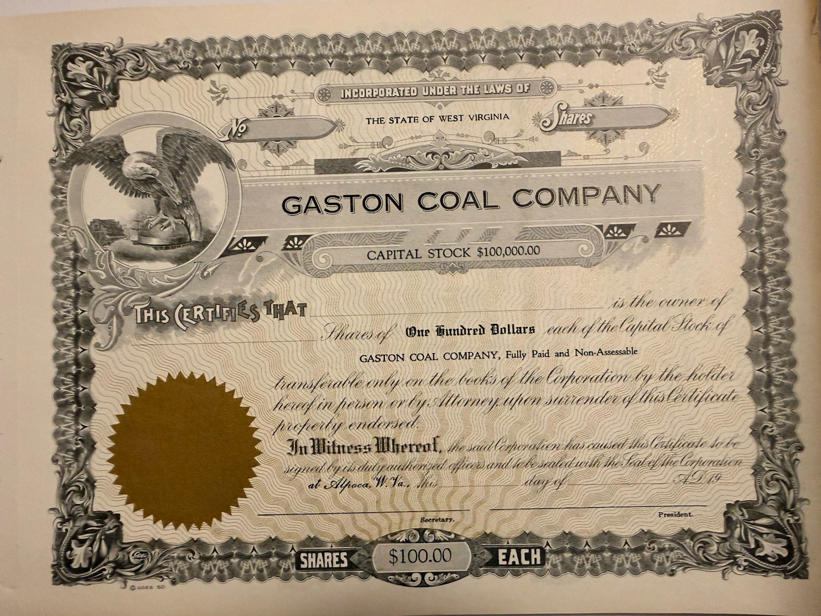 Blank Gaston Coal Company Capital Stock Certificate West Virginia Mining 