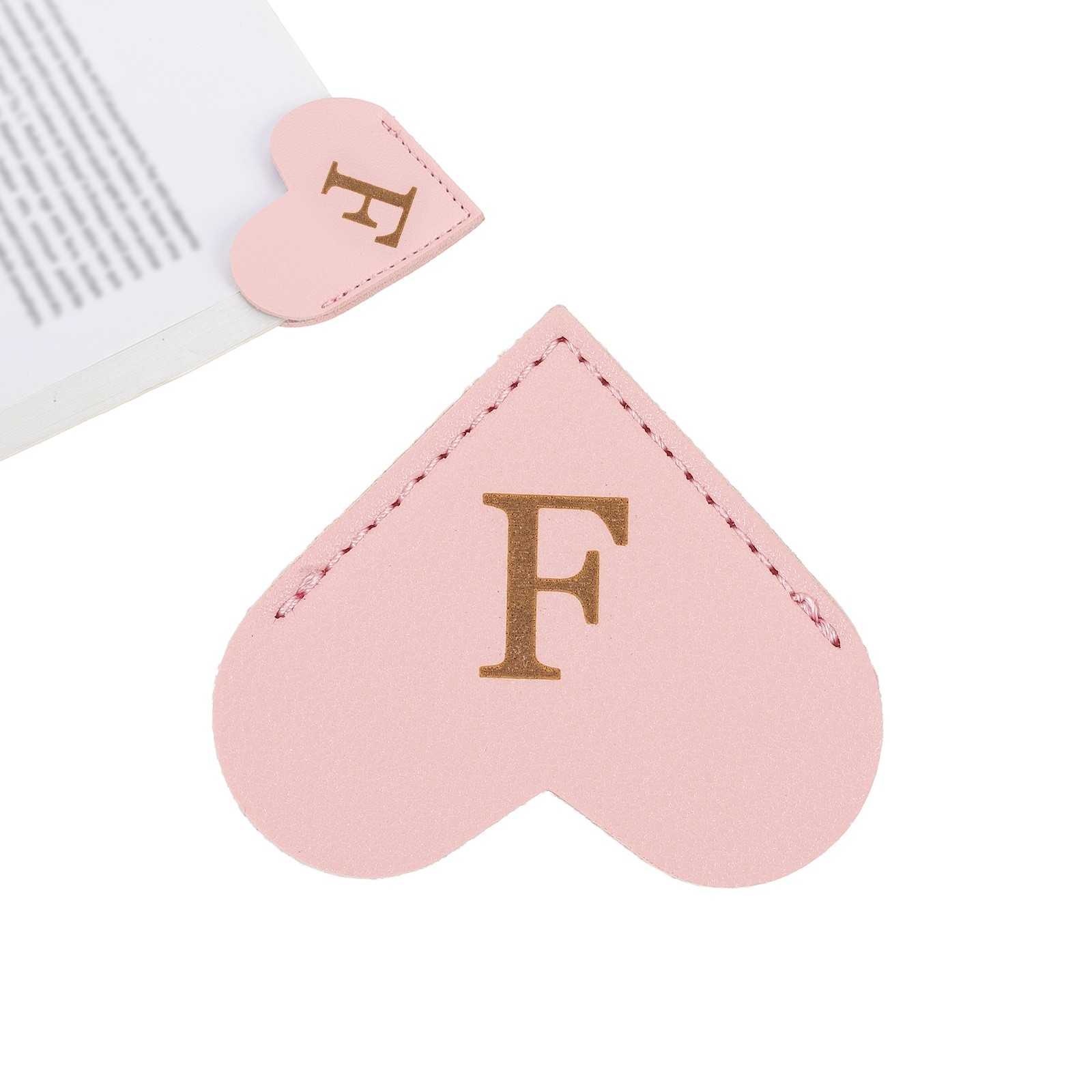 Initial F Corner Bookmarks,  Heart Shape Leather Book Marks Markers, Pink