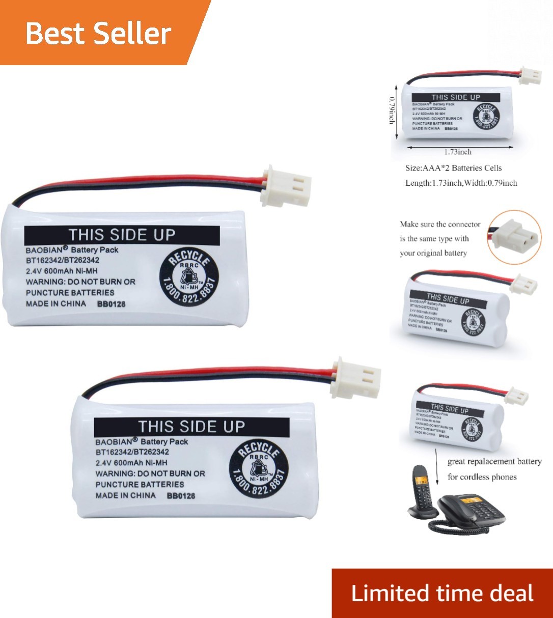 High-Performance 2-Pack 2.4V Ni-MH Batteries for Reliable Cordless Phone Use