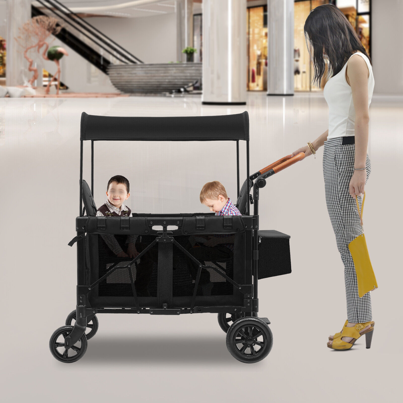 2 Kids Wagon Cart 2-Seat Stroller Wagon Collapsible Quad with Canopy For Travel
