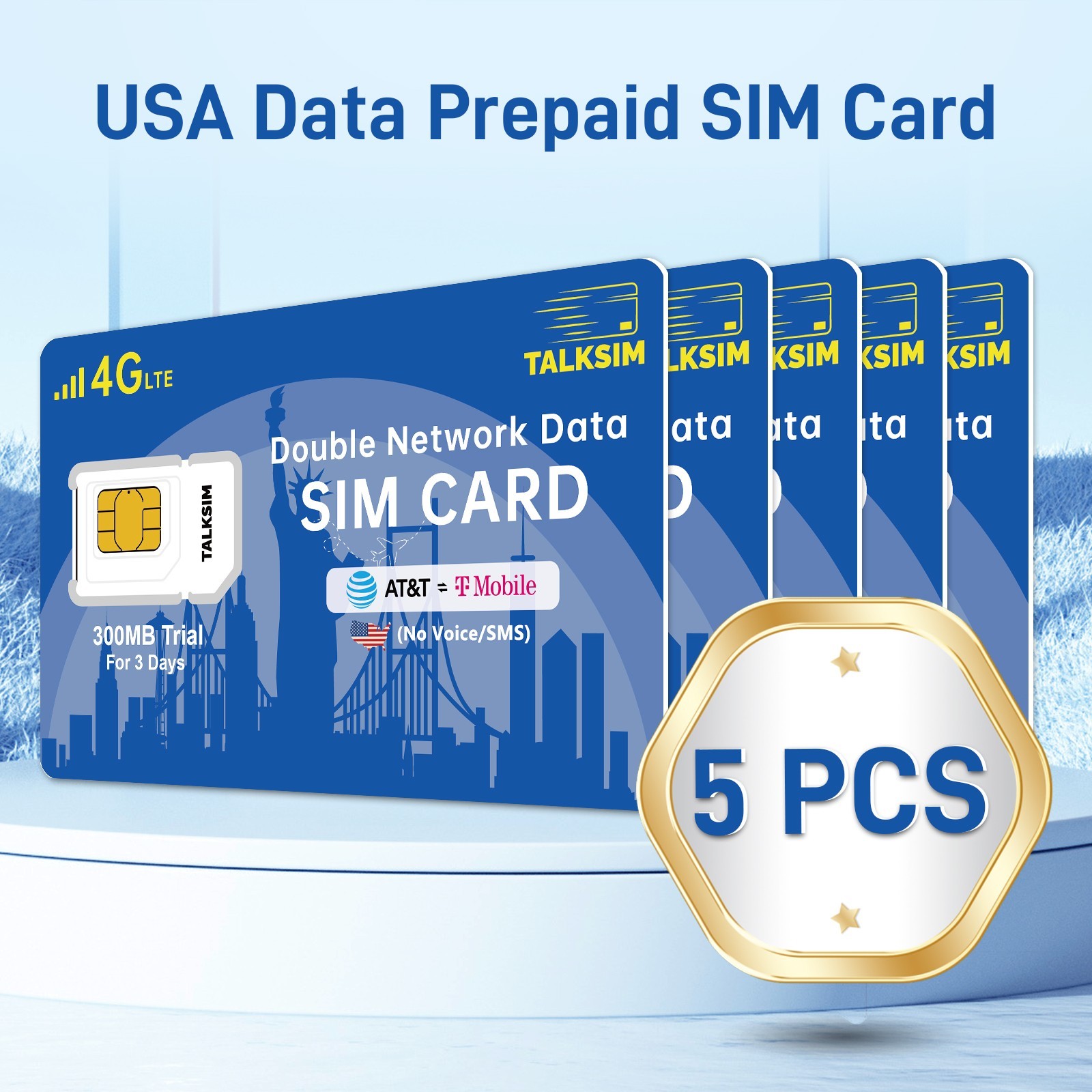 5PCS Prepaid USA SIM Card 300MB 4G LTE - Supports AT&T & T-Mobile