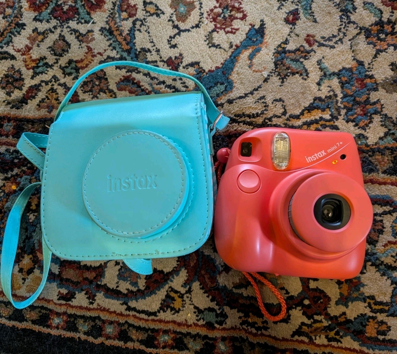 Fujifilm Instax Mini 7+ Plus Instant Camera Pink With Blue Case Tested Working! 