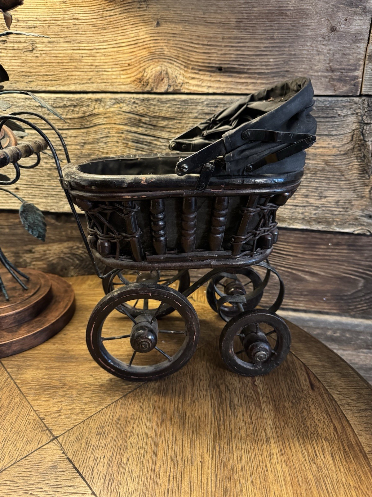 Vintage Baby Doll Stroller 11.5"x12" Larger Wicker Rattan Antique Cast Buggy