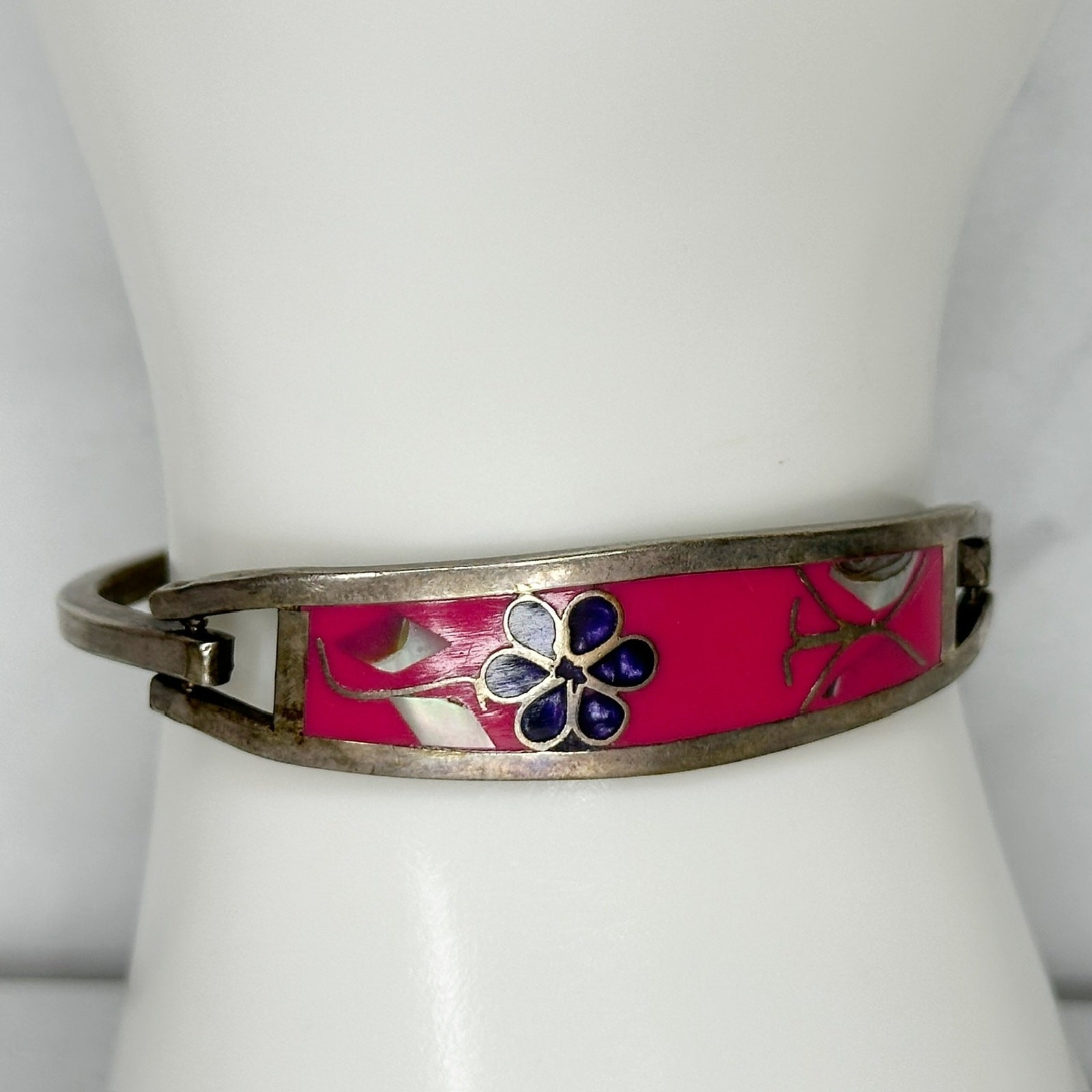 Vintage Silver Tone Abalone Shell Flower Butterfly Pink Inlay Child Bracelet