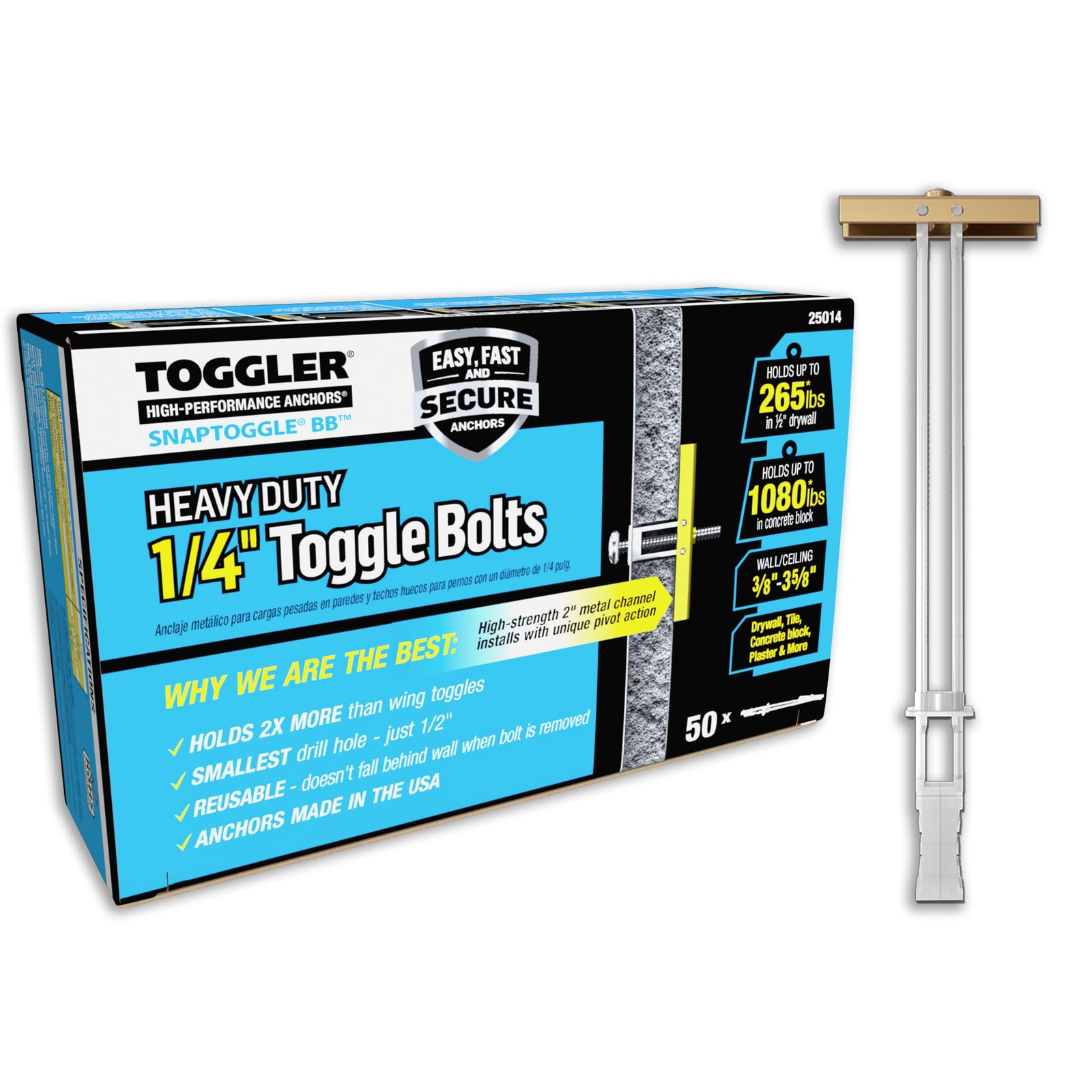 TOGGLER SNAPTOGGLE 50PCS Zinc-Plated 1/4"-20 Drywall Wall Anchors Toggle Kit