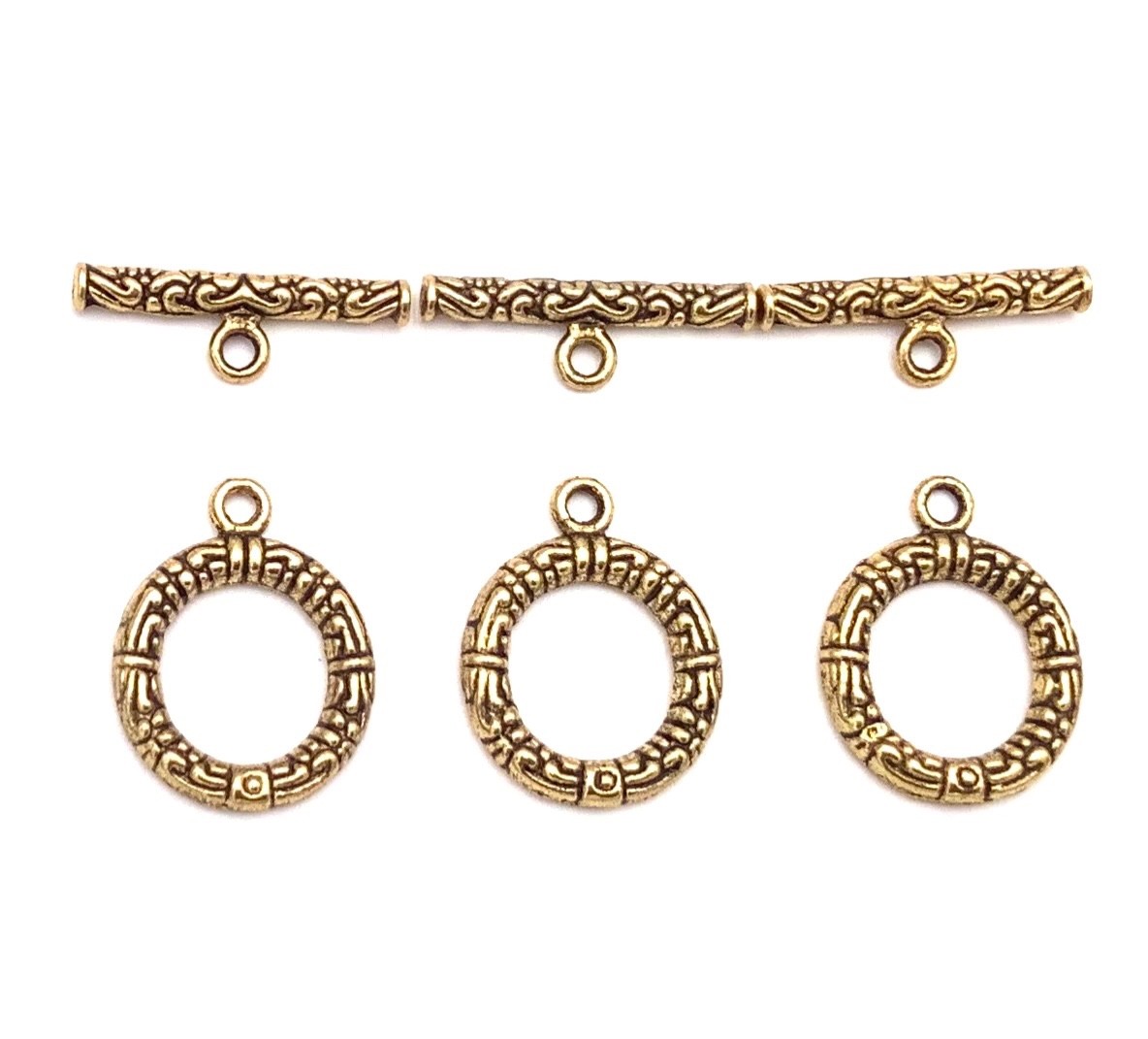 12 Pieces Fancy Textured Antique Gold round Toggle clasps-#14433