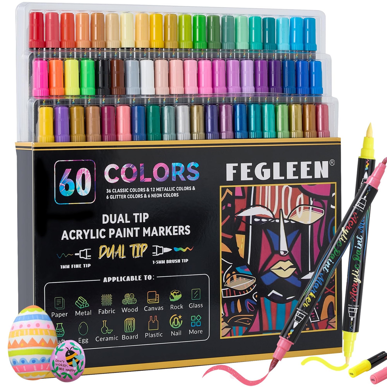 60 Colors Acrylic Paint Markers,Dual Tip Acrylic paint Pens Contain 12 Metall...