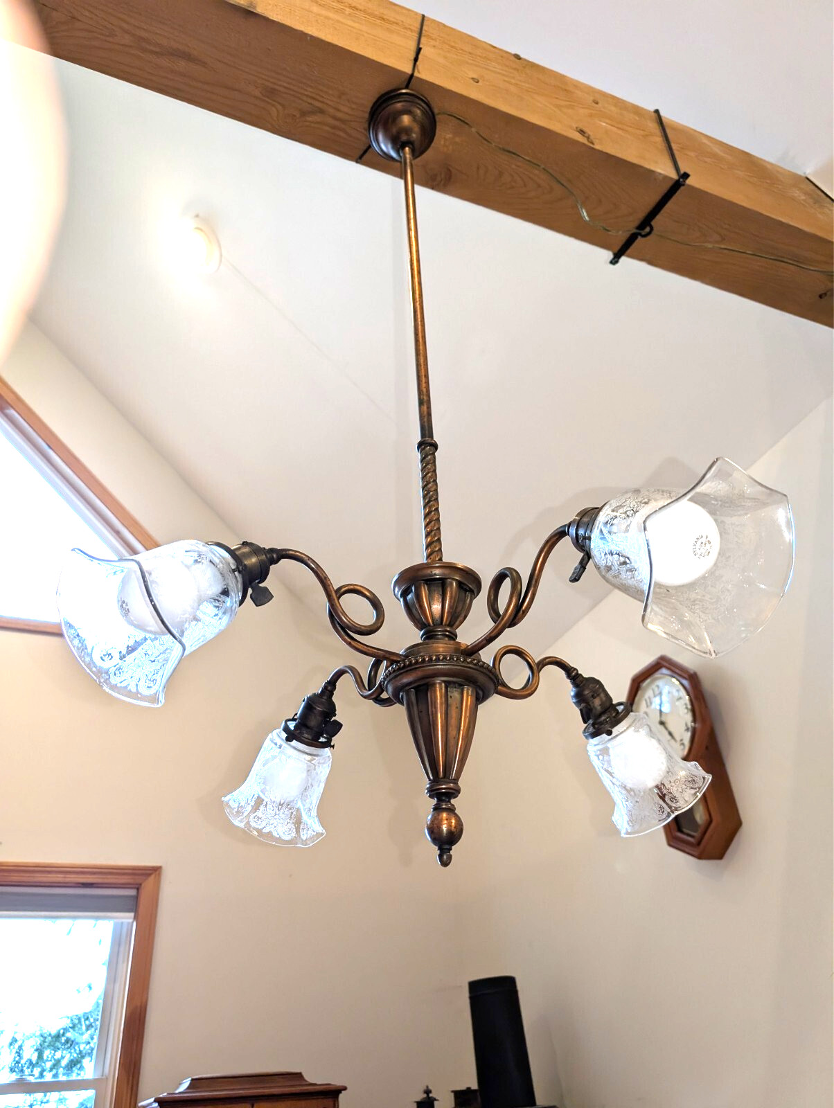 Chandelier 4 Arm Japanned Copper Flashed Finish 4 Matching Etched Shades  #1