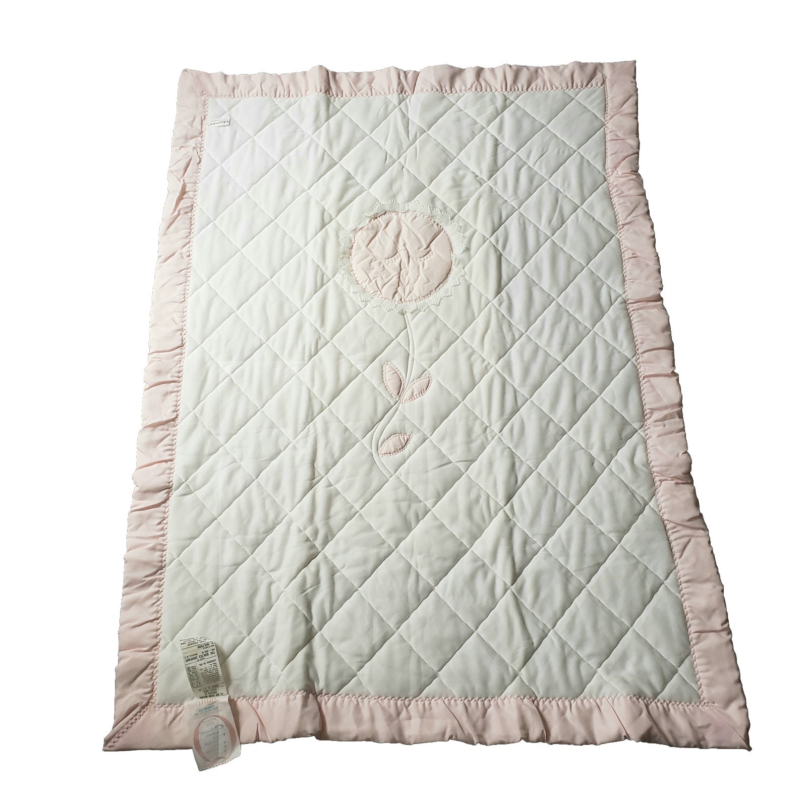Vintage Quiltex Pink Satin Edge Baby Blanket Whimsical Lace Center Flower 40x54"