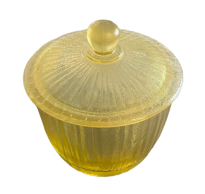 Vintage Yellow Ribbed Recycled Glass Dresser Candy Jar Lidded Marked ATE 14