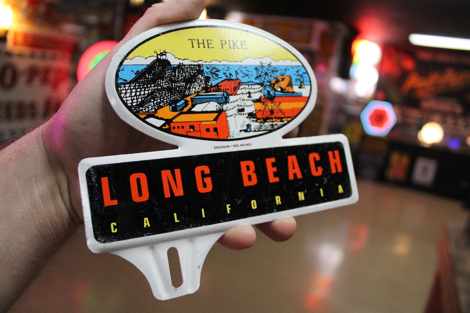 RARE 1950s LONG BEACH PIKE PARK CALIFORNIA STAMPED PAINTED METAL TOPPER SIGN