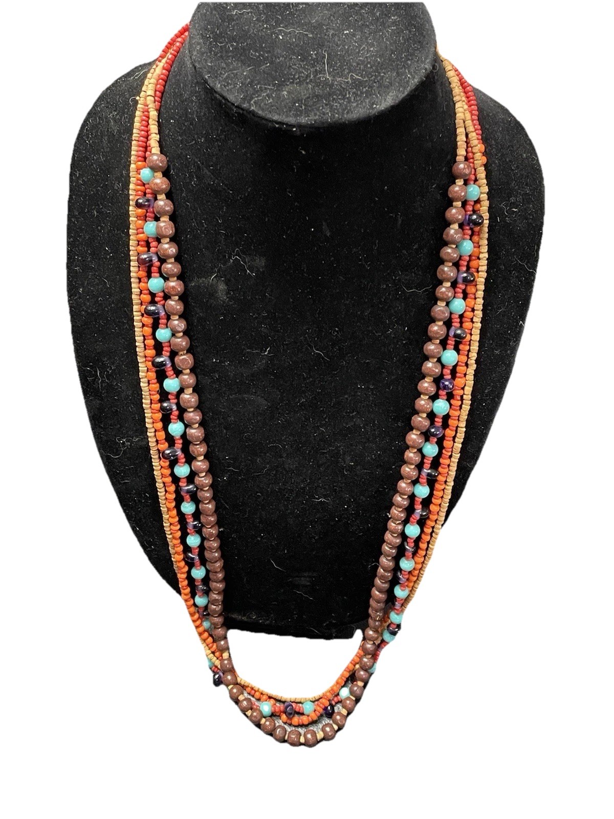 Multi Strand Beaded Necklace Brown Orange Blue Red  Southwestern Native