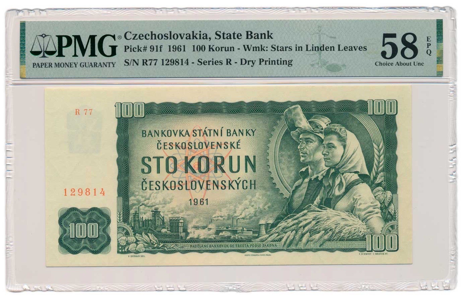 CZECHOSLOVAKIA banknote 100 Korun 1961 serie R 77 PMG AU 58 EPQ Choice About Unc