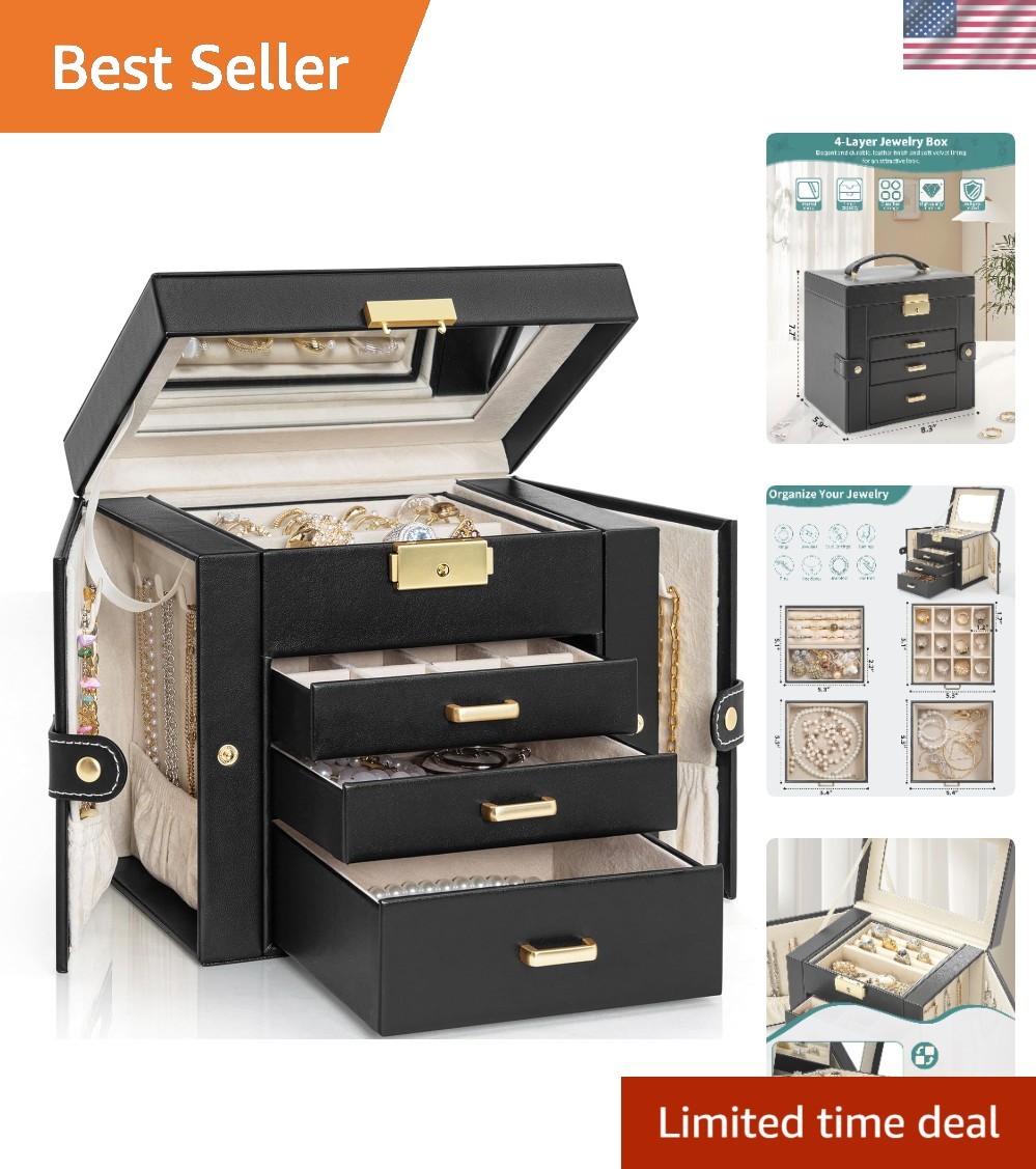 4-Tier Jewelry Box Leather Jewelry Storage Organizer with 3 Drawers Lockable ...