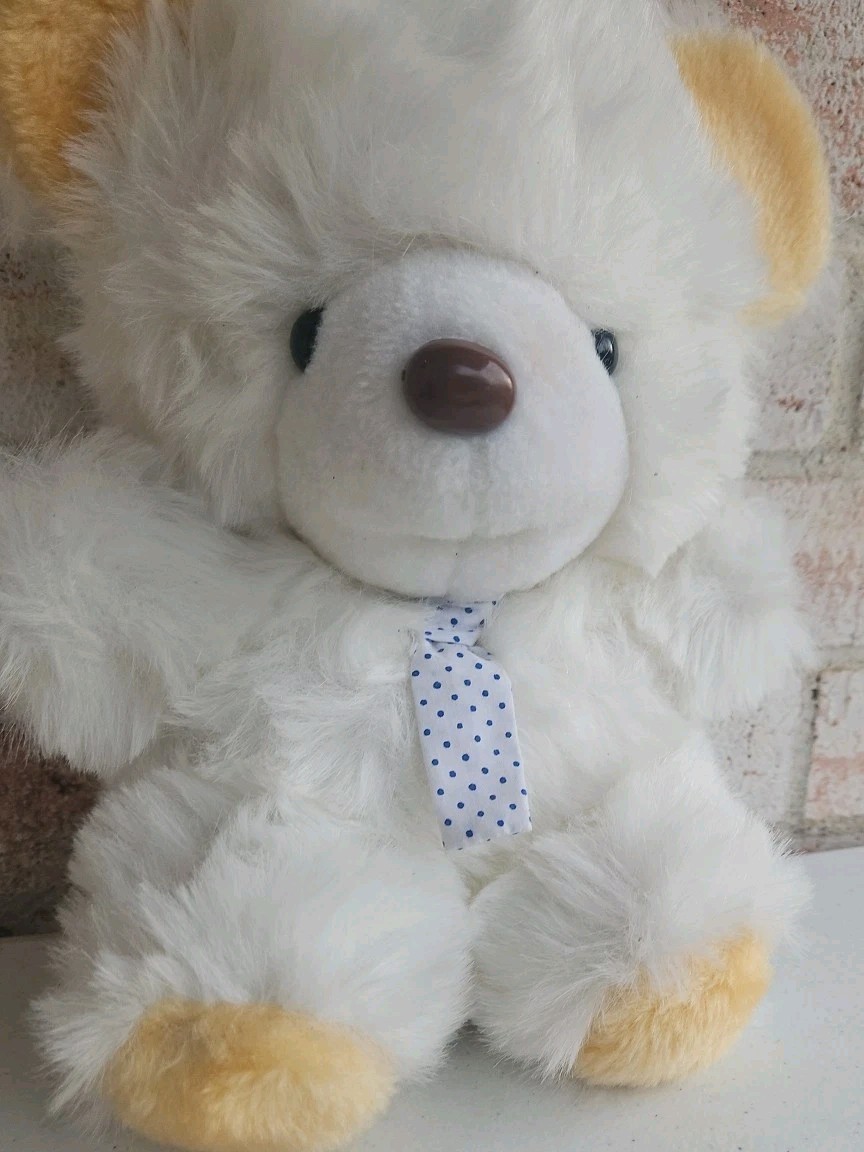 Vintage Teddy Bear Plush Stuffed Animal White Yellow Blue Polka Dot Tie