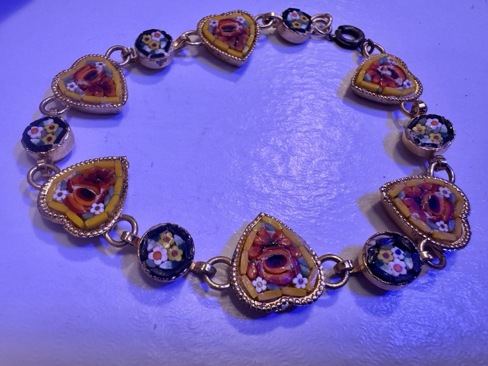 Italian Micro Mosaic Heart Bracelet Murano Millefioriglassgoldtone Marked Italy