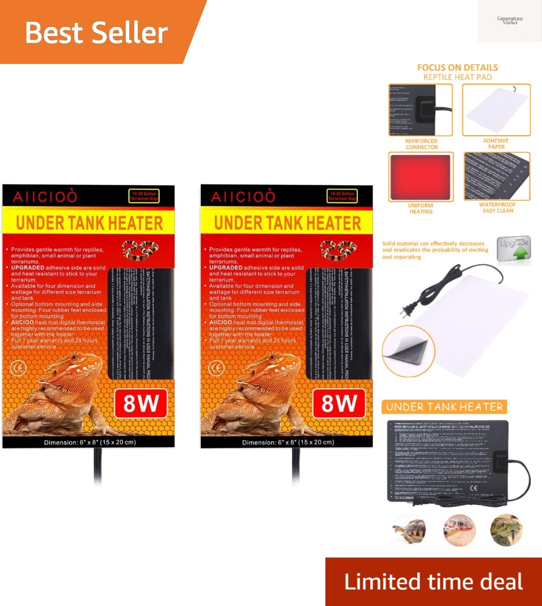 Reptile Heating Pad - 6x8Inch Hermit Crab Heater Heat Mat for Reptiles Snake ...