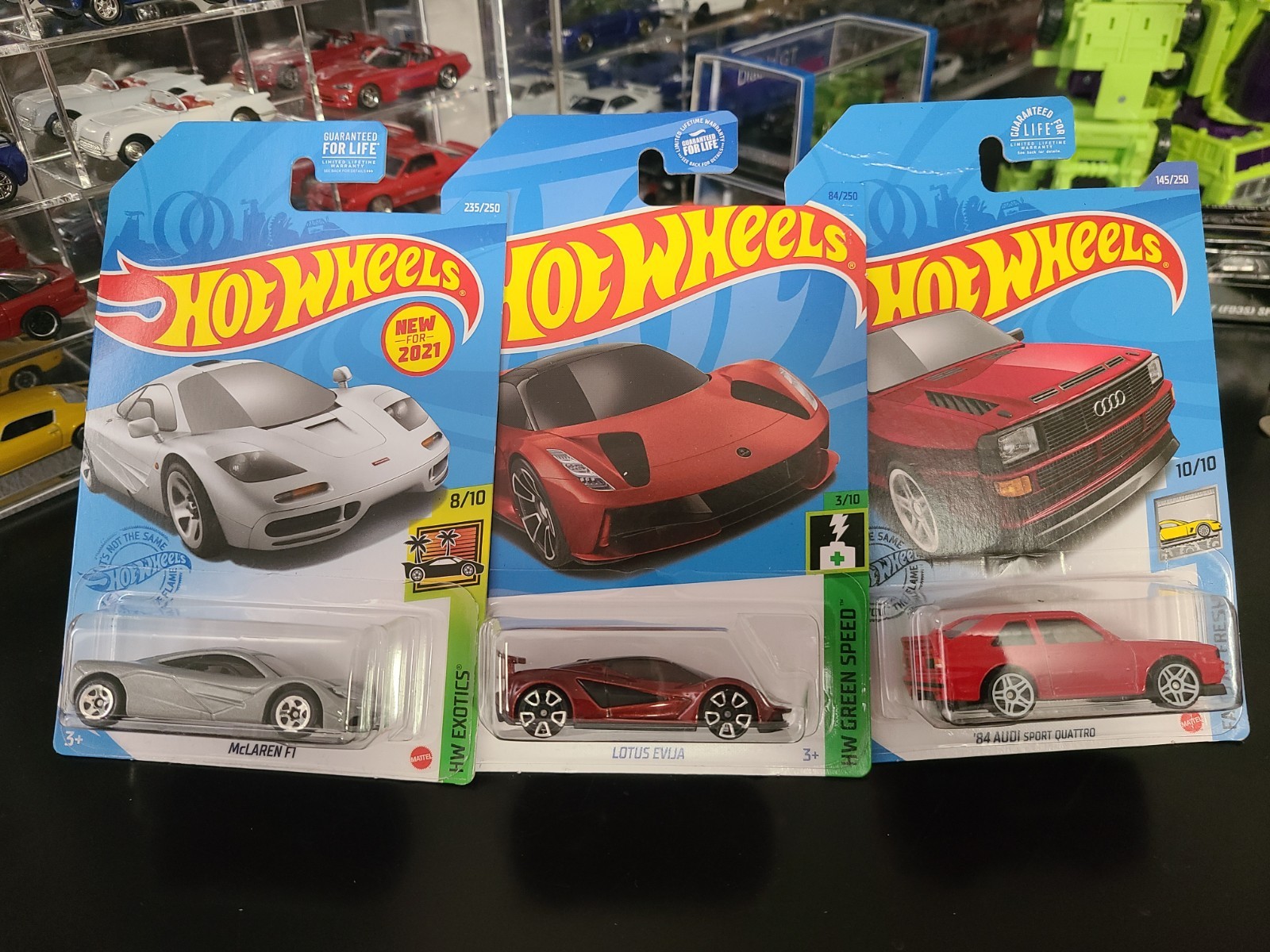 Hot Wheels McLaren F1, Lotus Evija, and '84 Audi Sport Quattro, 1/64