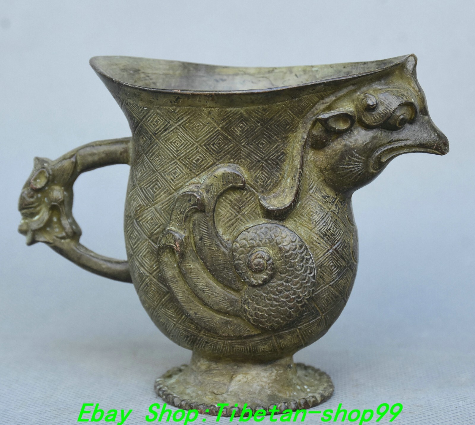 3.9'' Old Dynasty Bronze Phoenix Head Dragon Handle Wine Vessel Cup Glass 