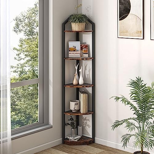  5 Tier Corner Shelf, 70” Corner Shelf Stand, Corner 5 Tiers Rustic Brown