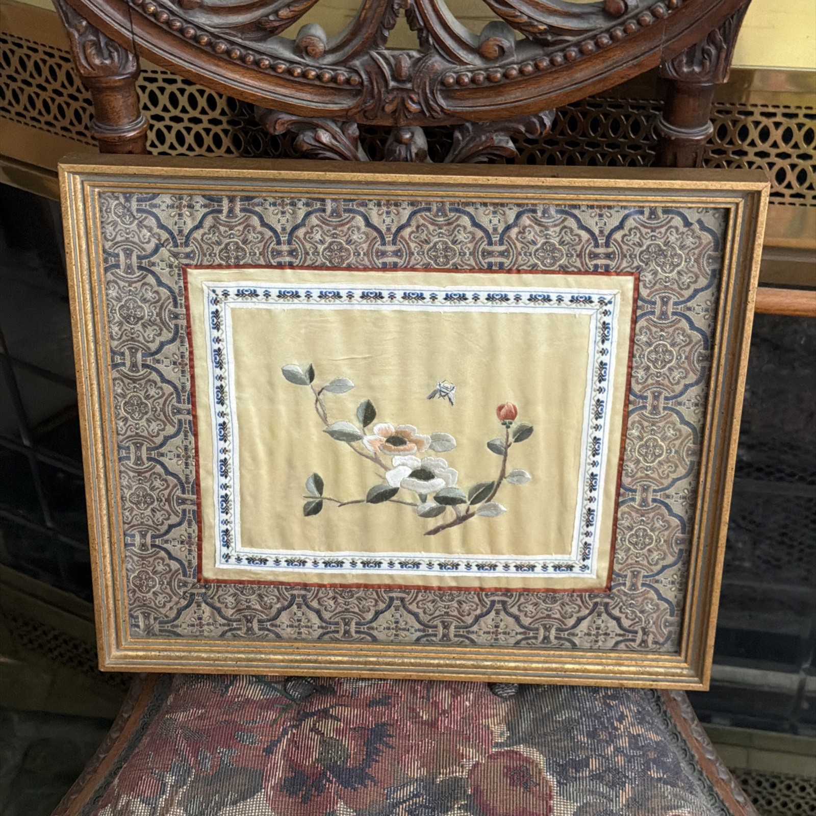 Vintage Japanese/Chinese Silk Embroidery Flying Bee & Florals Asian Framed Art