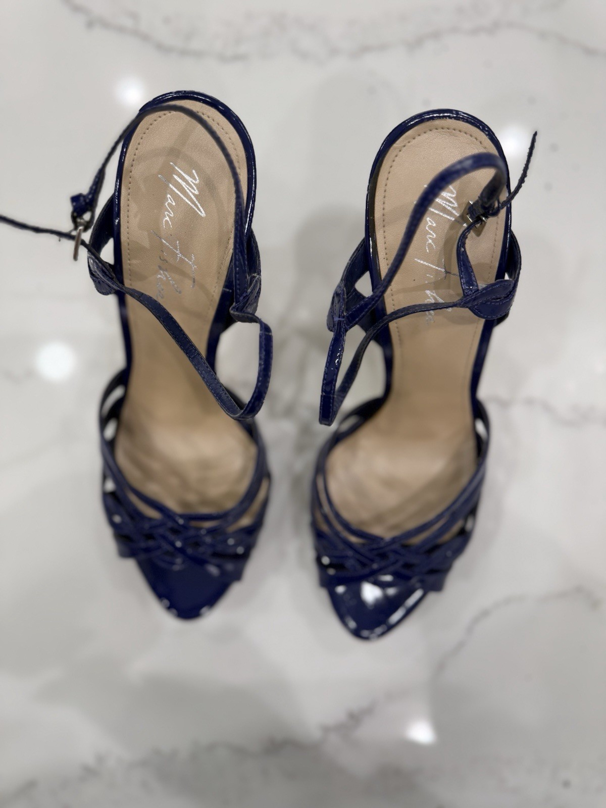 Marc Fisher Blue Patent Leather Strappy Stiletto Ankle Strap Open Toe Heels 10