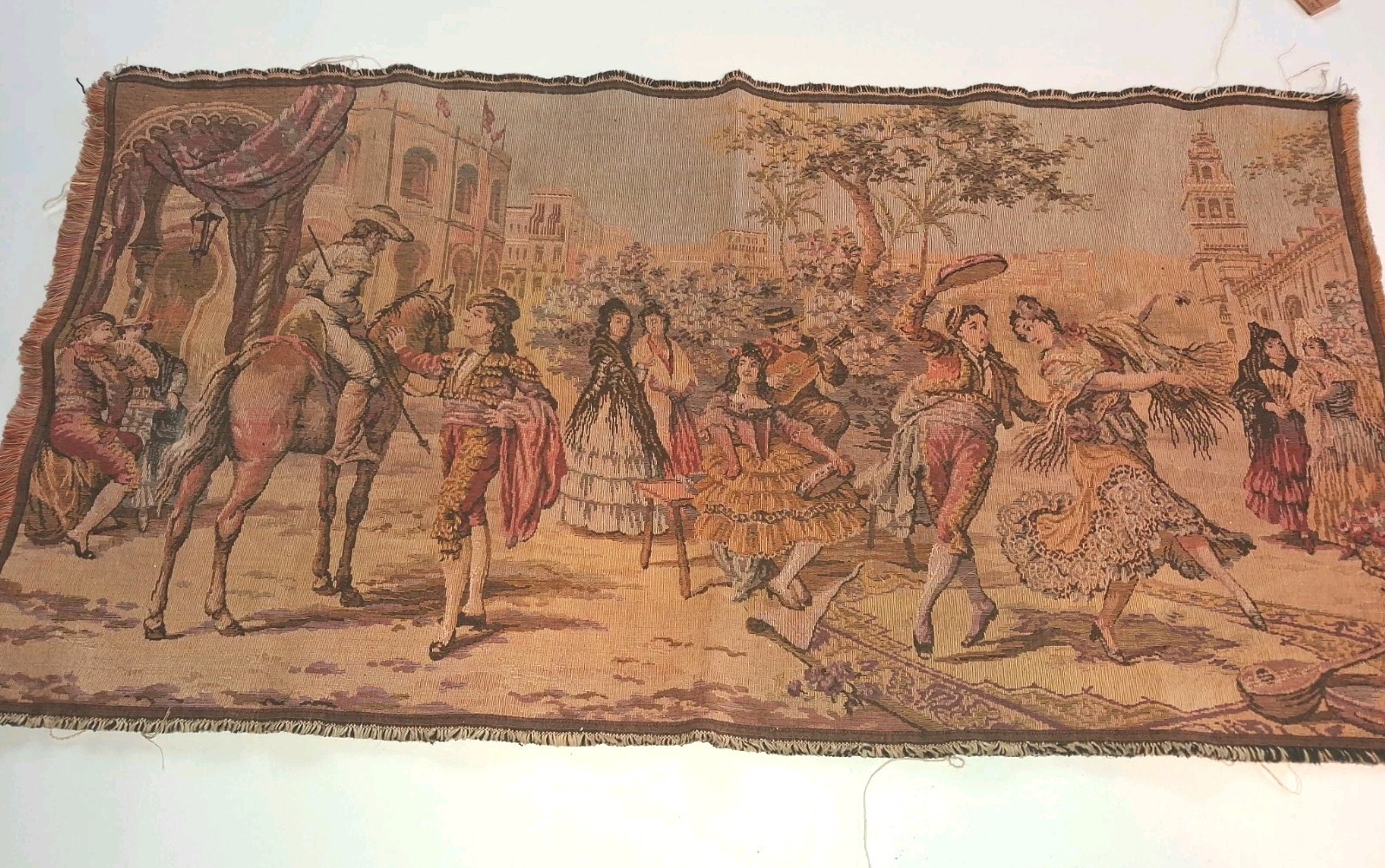  Woven Vintage  Tapestry marked Dancing Couples Spanish Roughly 36 X 18.5 