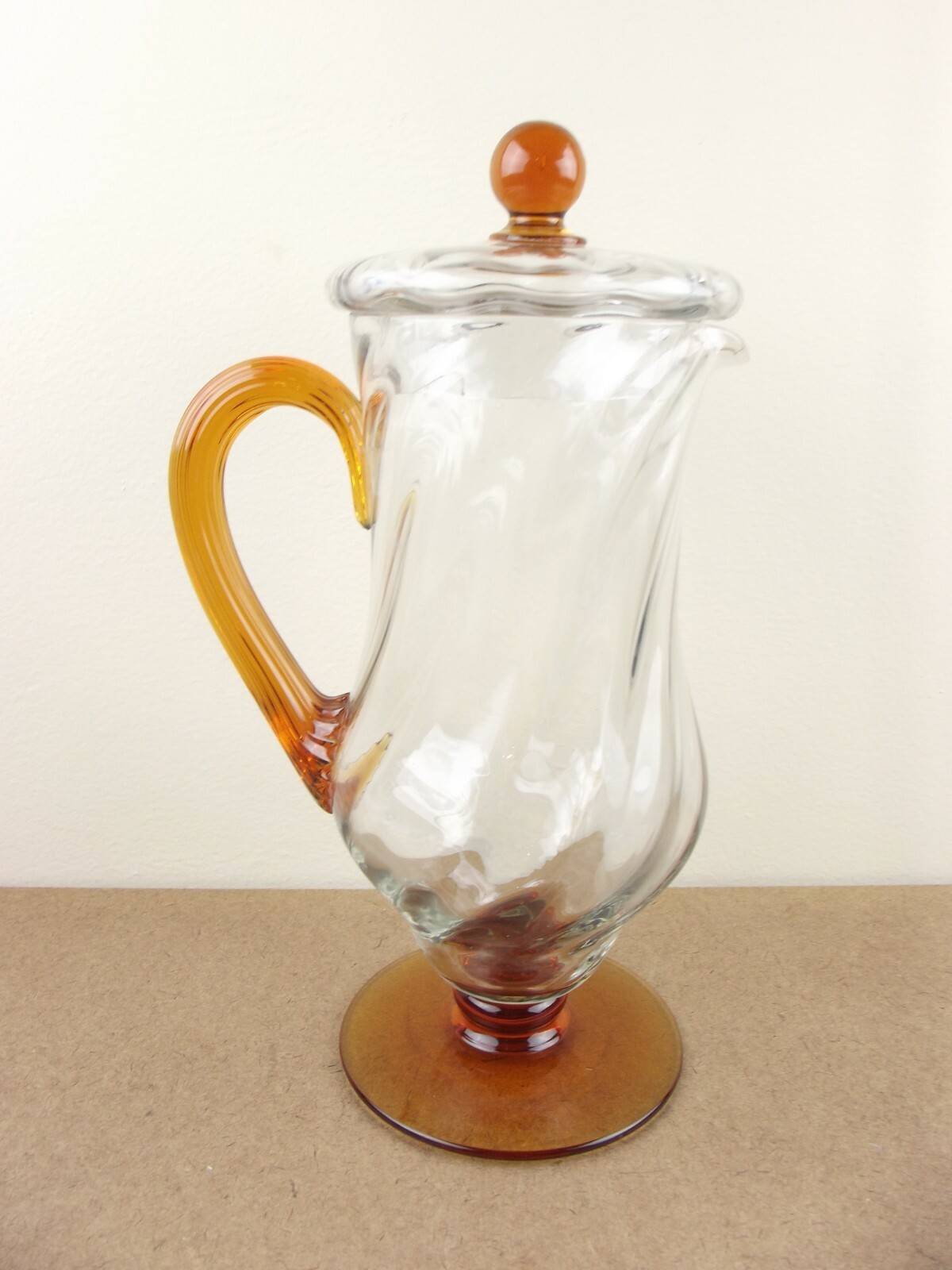 Antique Blown Swirl Glass Lidded Pitcher Amber Foot & Handle   