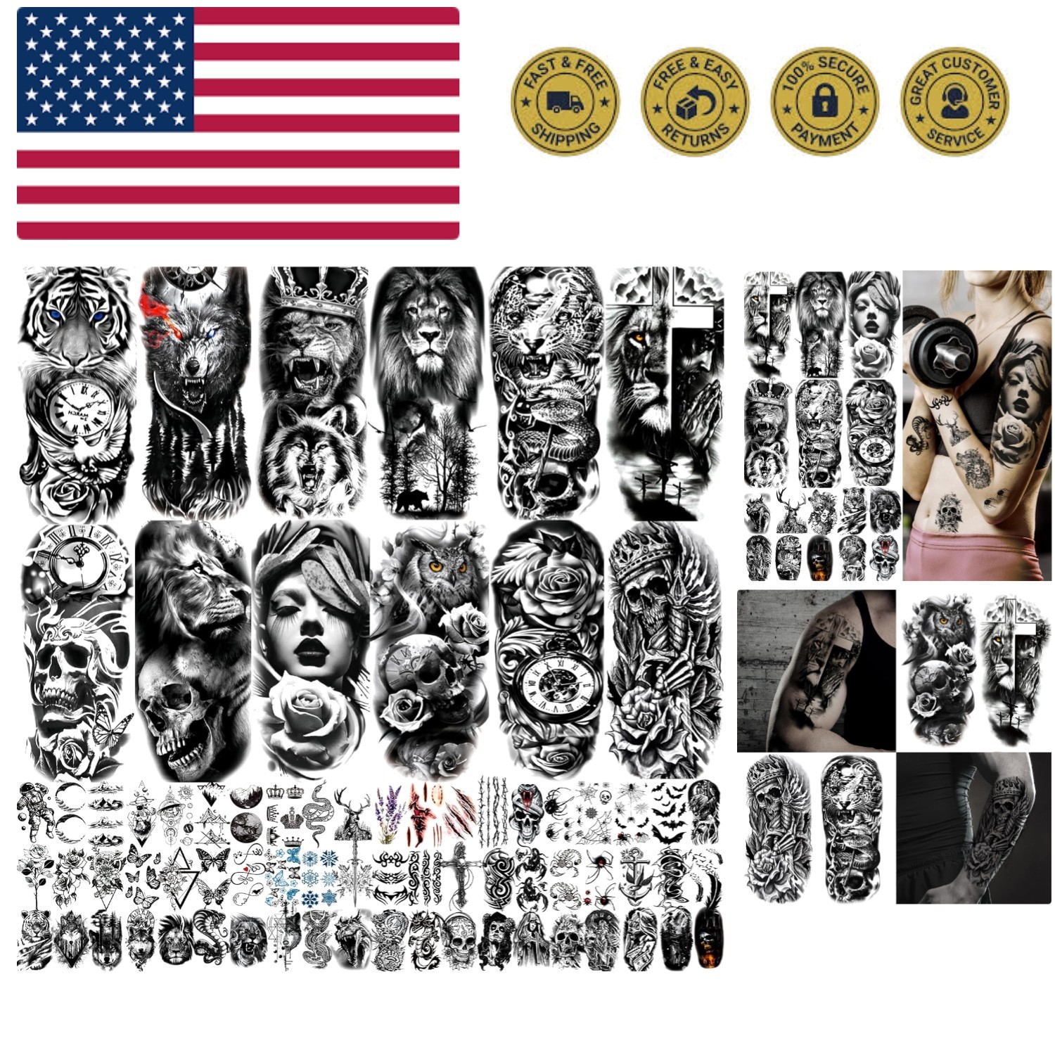 82 Sheets Temporary Tattoo for Men Women Adults, Include 12 Sheets Black 3D H...