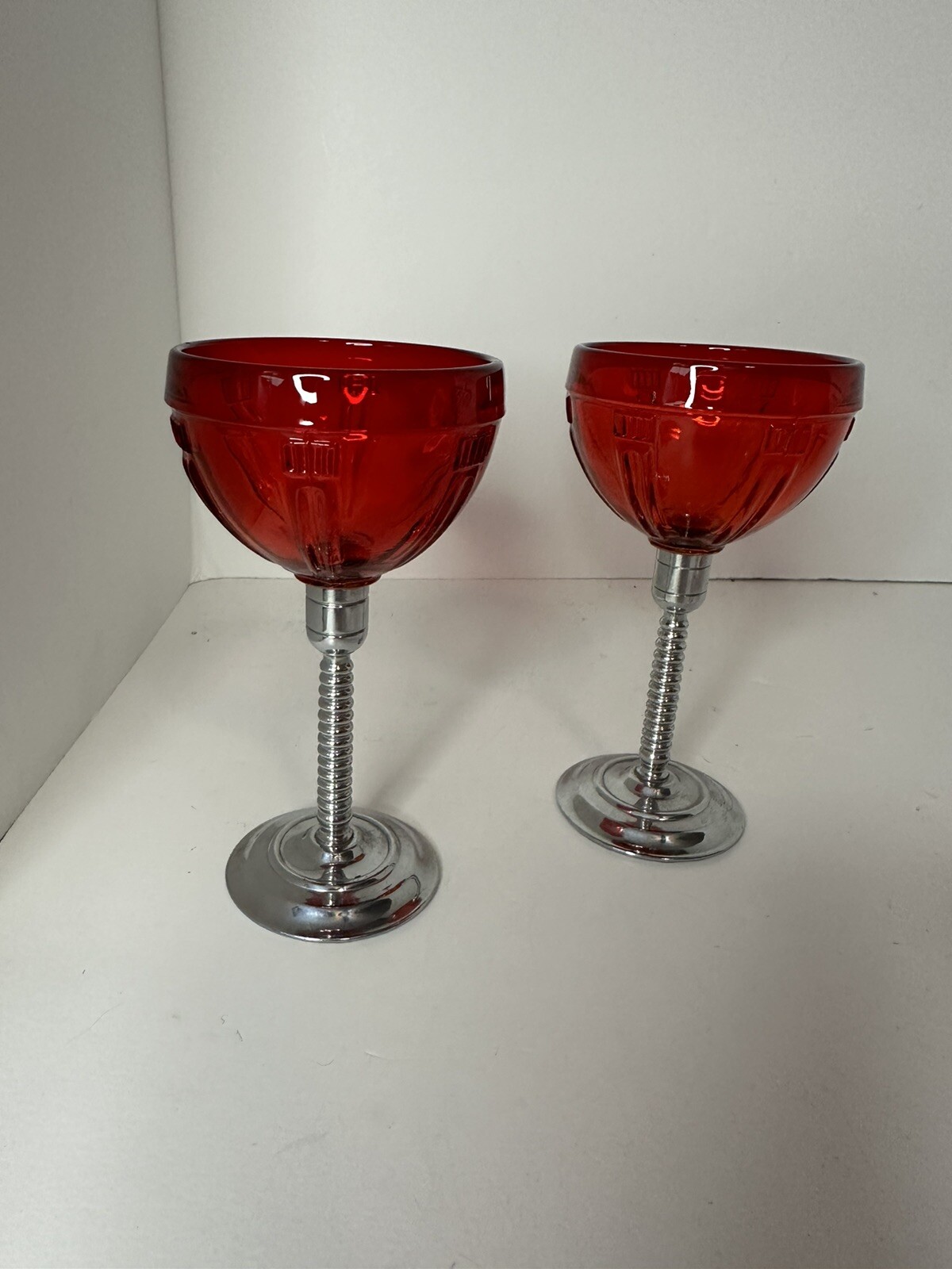 VINTAGE SET OF 2 RUBY GLASSES WITH CHROME METAL STEMS