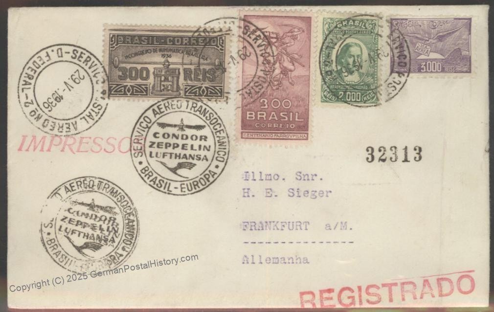 Brazil 1936 Hindenburg Zeppelin Mi17A Flown Registered Cover Beuerle Esta 112502