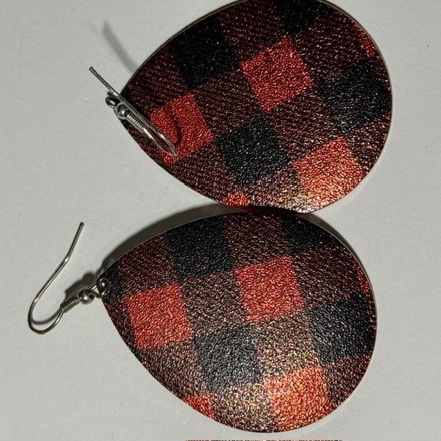 Lightweight Dangle Earrings Faux Leather Silver Tone Buffalo Plaid Rustic