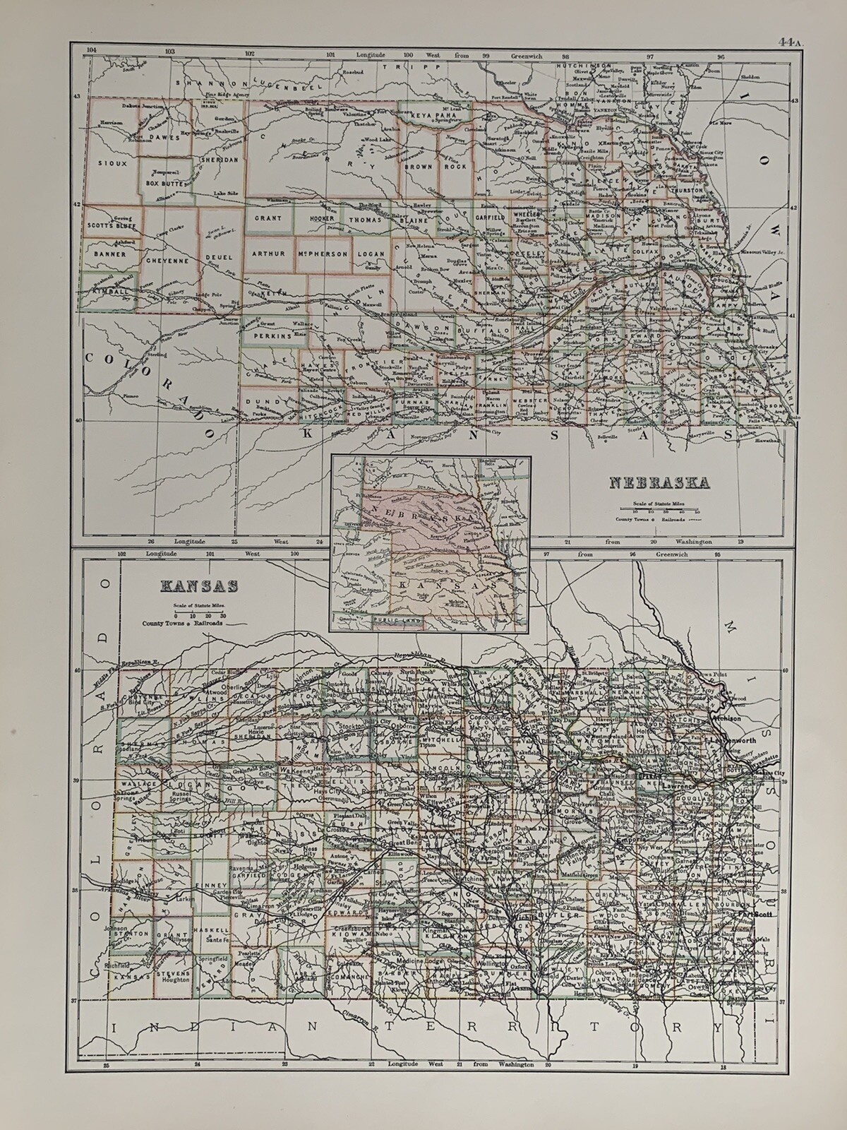 1897 NEBRASKA & KANSAS ORIGINAL ANTIQUE MAP A & C BLACK 123 YEARS OLD