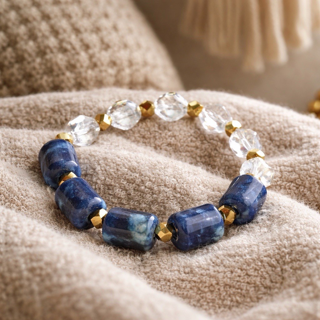 Chrysocolla Lapis Lazuli & Crystal Beaded Stone Bracelet Handmade Barrel Cut