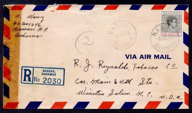 BAHAMAS 1' KGVI SINGLE CENSOR AIR TO USA