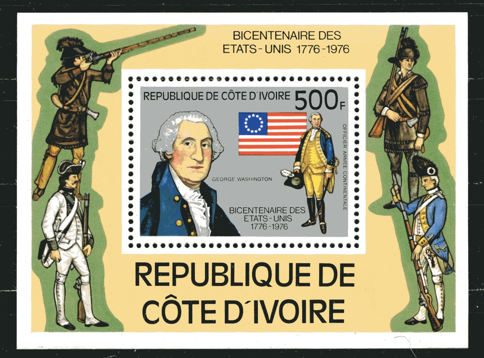IVORY COAST 1976, AMERICAN BICENTENNIAL, GORGE WASHINGTON, Scott 426 S/S, MNH