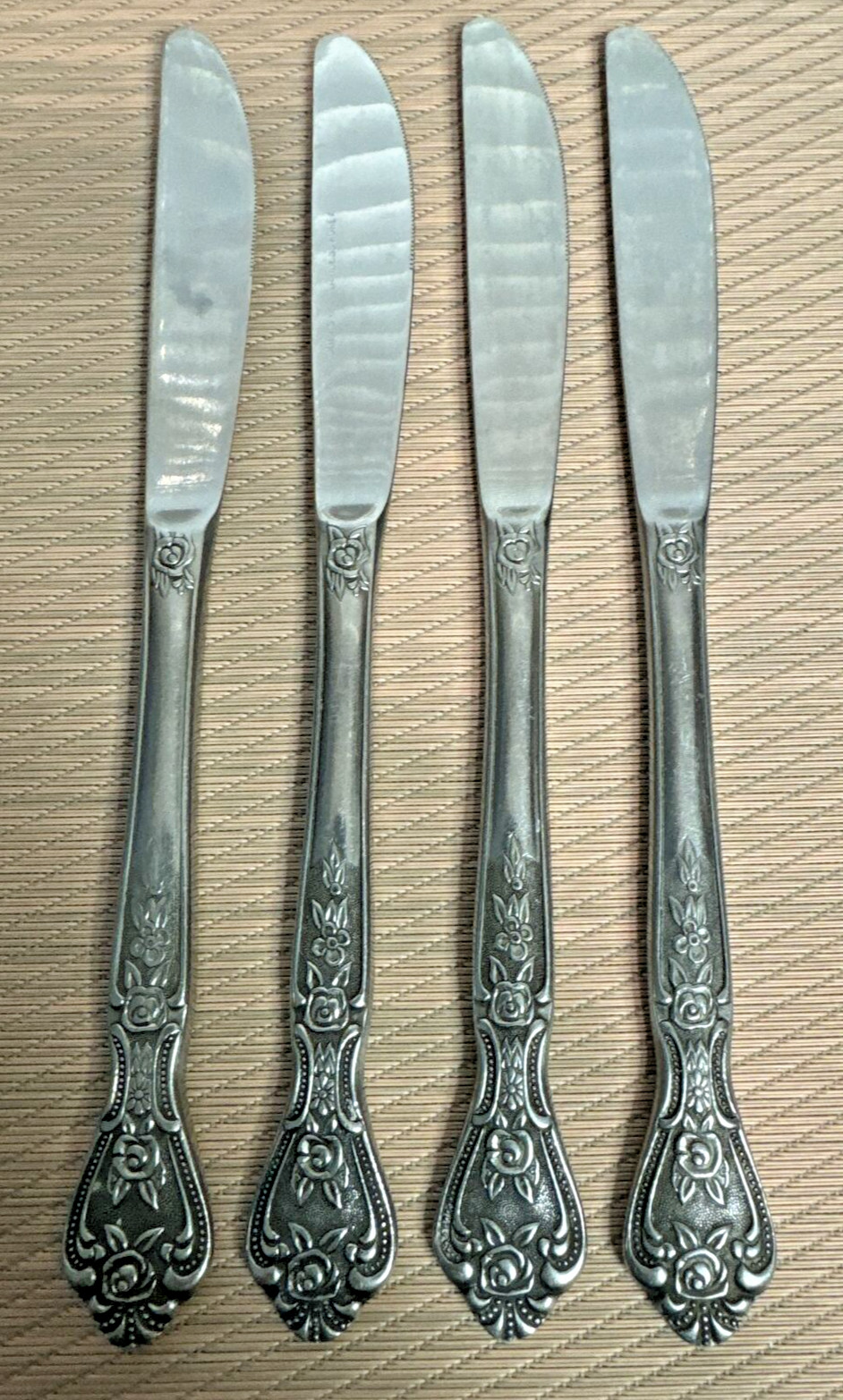 4 - Normandy Stainless Flatware Japan Rose Dinner Knives Floral Pattern 9"