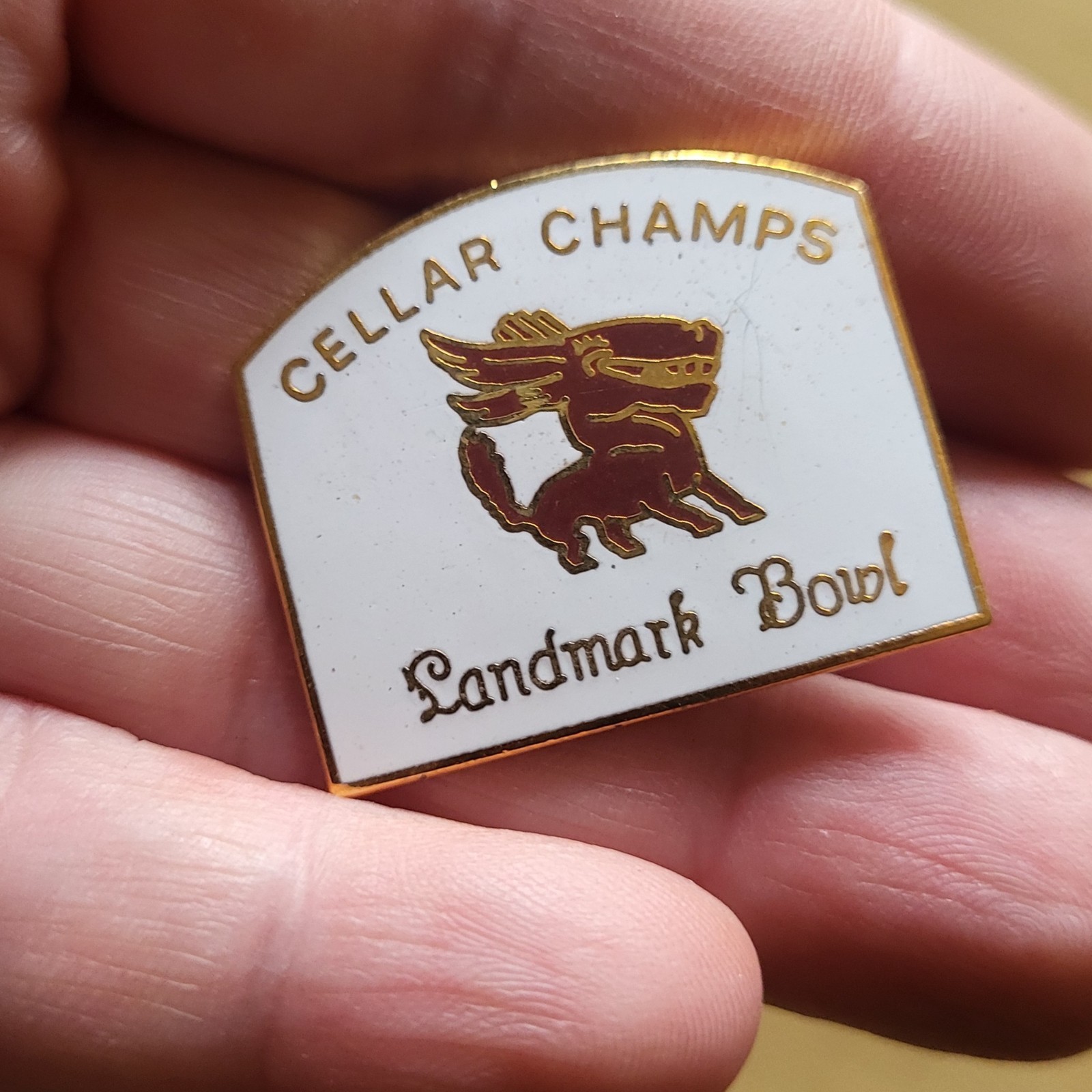 Bowling Vintage Metal Enamel Button, Pin. Landmark Bowl, Cellar Champs