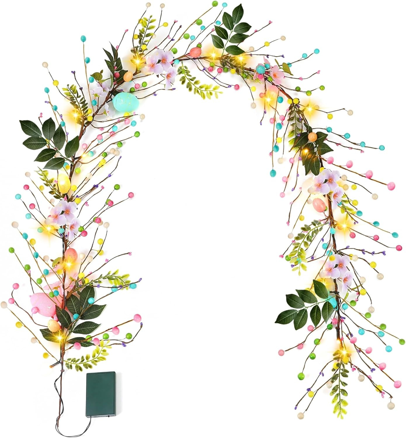 6 Foot Easter Egg Garland, Lighted Pip Berry Garland Decorations with Mixed Berr