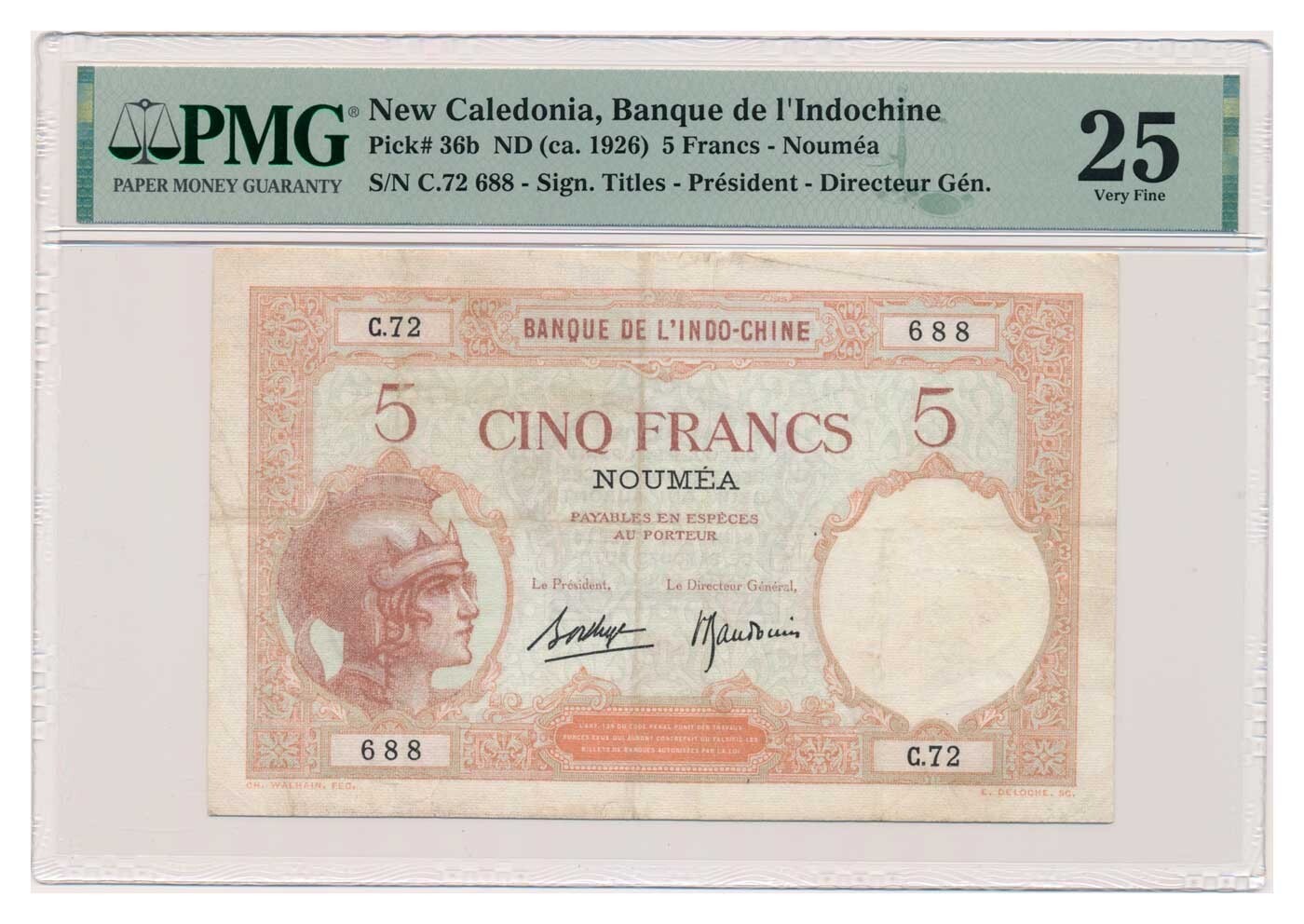 NEW CALEDONIA banknote 5 Francs 1926 PMG VF 25 Very Fine