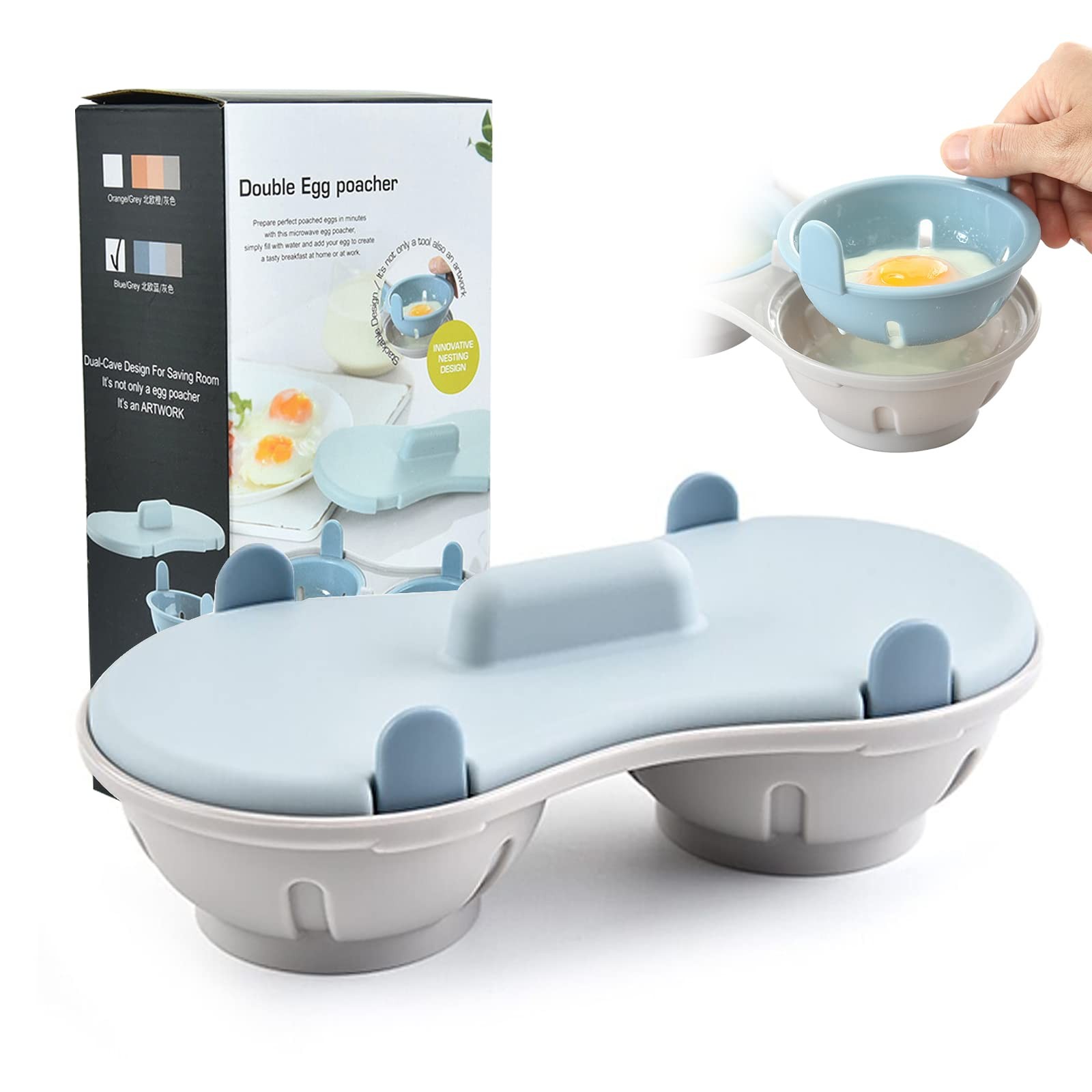 Egg Poacher Microwave Cooker, 2 Cavity Edible Silicone Double Drain Blue 